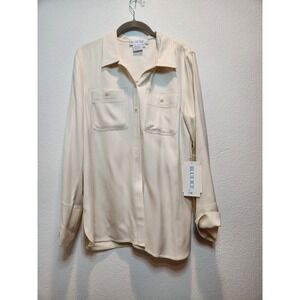 Blue Ice & Co Silk Wool Herringbone Button Up Blouse Cream Women Size 10 NWT